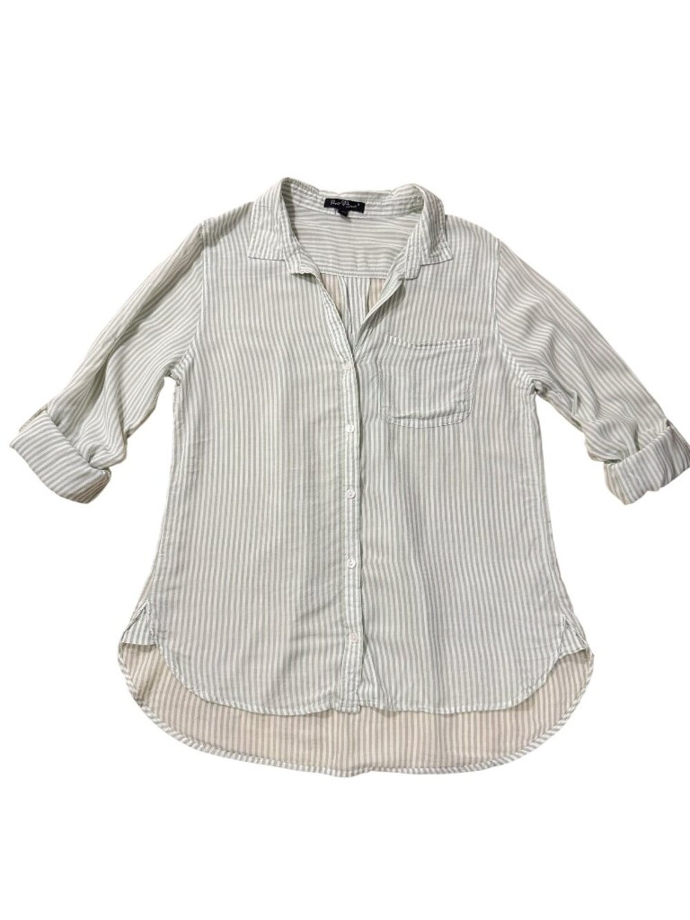 Velvet Heart Women's Sage Green Striped Button Front Roll Tab Shirt Size M